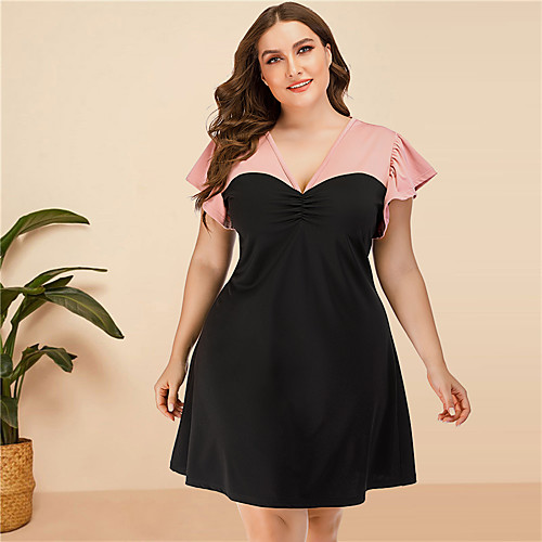 

Women's Plus Size Bodycon Dress - Short Sleeves Color Block Solid Color Ruched Patchwork Summer V Neck Elegant Street chic Party Going out Belt Not Included Loose 2020 Blushing Pink L XL XXL XXXL