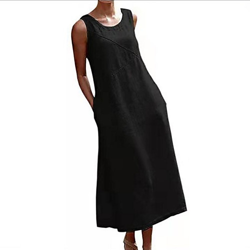 

Women's Linen Black Gray Summer Dress Casual Daily Shift Solid Color Patchwork S M