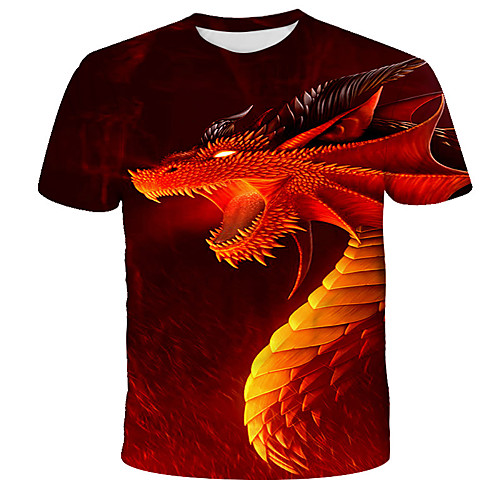 

Men's Daily Holiday Street chic / Exaggerated T-shirt - 3D / Tie Dye / Cartoon Dragon / Fantastic Beasts, Print Red