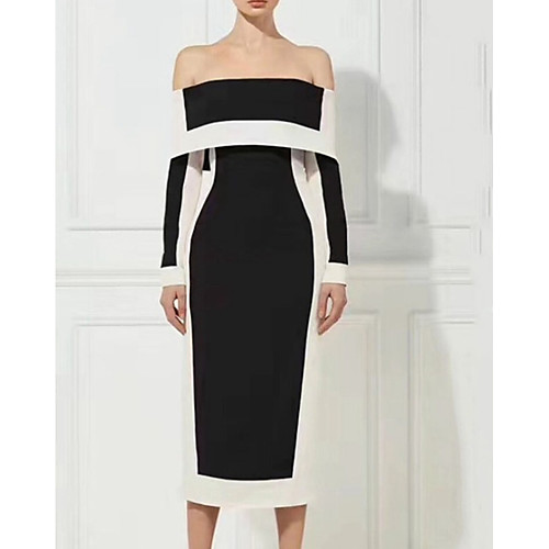 

Sheath / Column Off Shoulder Tea Length Jersey Color Block / Minimalist Party Wear / Cocktail Party Dress with Sleek 2020