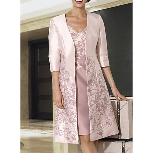 

Two Piece V Neck Knee Length Satin 3/4 Length Sleeve Elegant Mother of the Bride Dress with Pattern / Print Mother's Day 2020