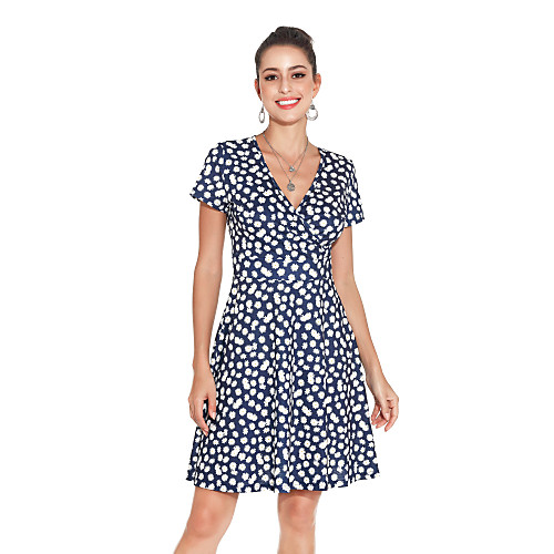

Women's A-Line Dress Daisy Knee Length Dress - Short Sleeves Floral Zipper Spring Summer Elegant Vintage Daily Weekend Capped 2020 Navy Blue S M L XL XXL