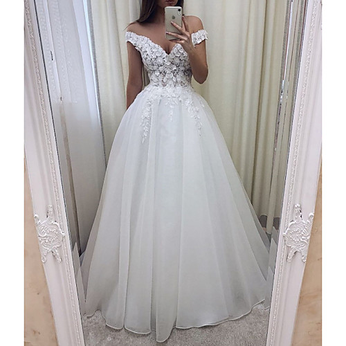 

A-Line V Wire Sweep / Brush Train Lace / Tulle Short Sleeve Sexy See-Through Wedding Dresses with Embroidery 2020