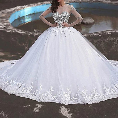 

Ball Gown Jewel Neck Sweep / Brush Train Polyester Long Sleeve Country Plus Size Wedding Dresses with Beading / Lace Insert / Appliques 2020