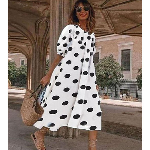 

Women's A-Line Dress Midi Dress - Half Sleeve Polka Dot Summer Work 2020 White Black Navy Blue Light Blue S M L XL XXL