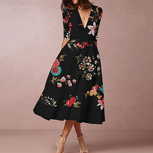 

Women's Shift Dress Midi Dress - Half Sleeve Floral Summer Casual Vintage Daily 2020 White Black S M L XL XXL XXXL