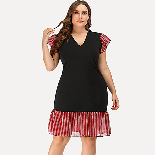 

Women's Bodycon Dress - Short Sleeves Striped Solid Color Ruffle Summer Casual Street chic Party Going out 2020 Black L XL XXL