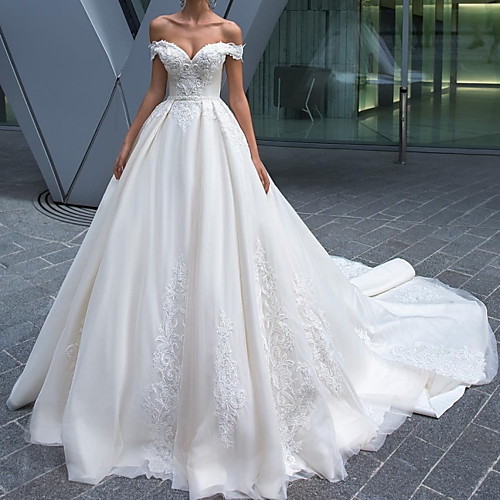 

Ball Gown Off Shoulder Court Train Lace / Tulle Short Sleeve Formal Wedding Dresses with Embroidery 2020