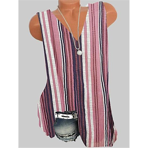 

Women's Striped Tank Top V Neck Daily Summer Blue Blushing Pink Green S M L XL 2XL 3XL 4XL 5XL