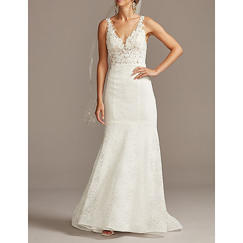 

Mermaid / Trumpet V Neck Sweep / Brush Train Lace / Tulle Sleeveless Romantic Wedding Dresses with Appliques 2020