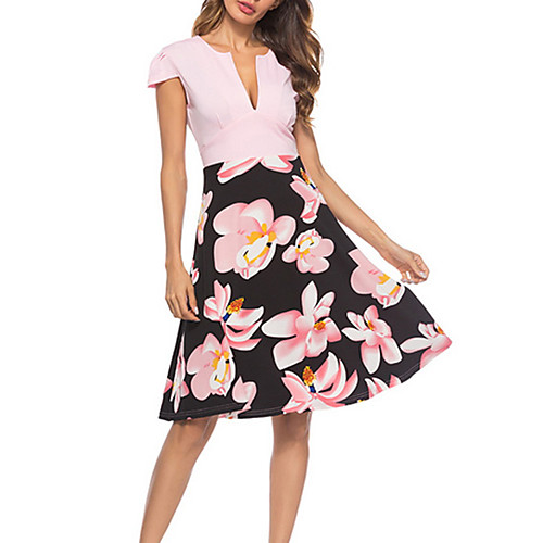 

Women's A Line Dress - Short Sleeves Floral Summer V Neck Work 2020 Blue Red Blushing Pink Navy Blue S M L XL XXL