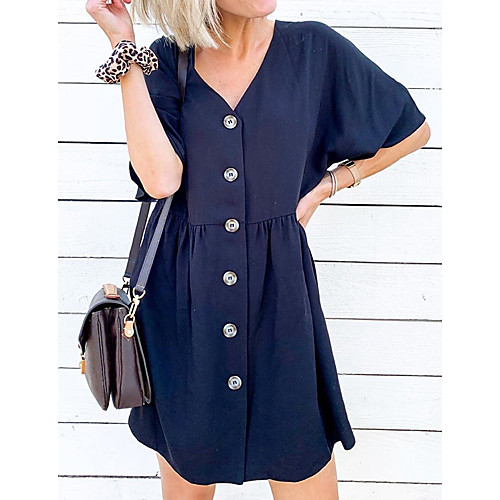 

Women's 2020 Navy Blue Dress Street chic Summer Going out Weekend A Line Solid Color Flare Cuff Sleeve Patchwork S M