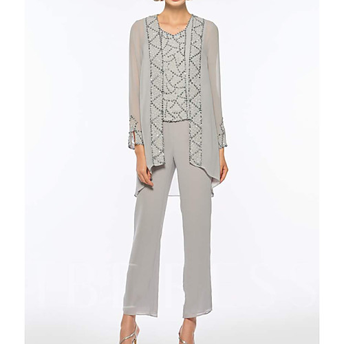 

Pantsuit / Jumpsuit V Neck Ankle Length Chiffon Long Sleeve Elegant Mother of the Bride Dress with Beading / Sequin Mother's Day 2020
