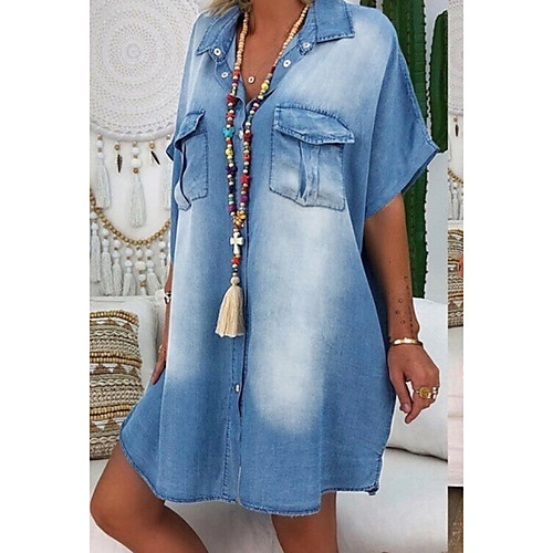 

Women's Shirt Dress Knee Length Dress - Short Sleeves Solid Color Summer Casual Vintage 2020 Blue Dusty Blue Gray Light Blue S M L XL XXL XXXL