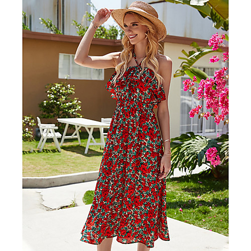 

Women's 2020 Red Summer Dress Sexy A Line Floral S M