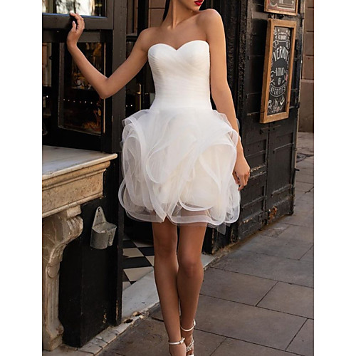 

Ball Gown Sweetheart Neckline Short / Mini Satin / Tulle Sleeveless Sexy Little White Dress Wedding Dresses with Ruched / Ruffles 2020