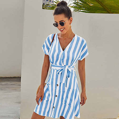 

Women's A Line Dress - Short Sleeves Striped Summer Street chic 2020 Black Blushing Pink Khaki Light Blue S M L XL