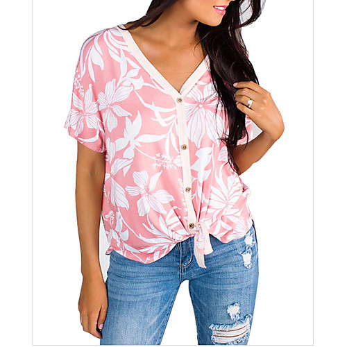 

Women's Daily Weekend Basic Loose T-shirt - Floral Sun Flower, Print / Knotted V Neck Blushing Pink