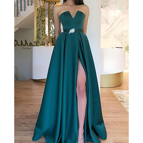 

A-Line Strapless Floor Length Satin Elegant / Green Engagement / Formal Evening Dress with Sash / Ribbon / Pleats / Split 2020