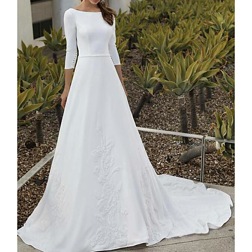 

A-Line Jewel Neck Sweep / Brush Train Satin 3/4 Length Sleeve Simple Backless Wedding Dresses with Sashes / Ribbons / Embroidery 2020