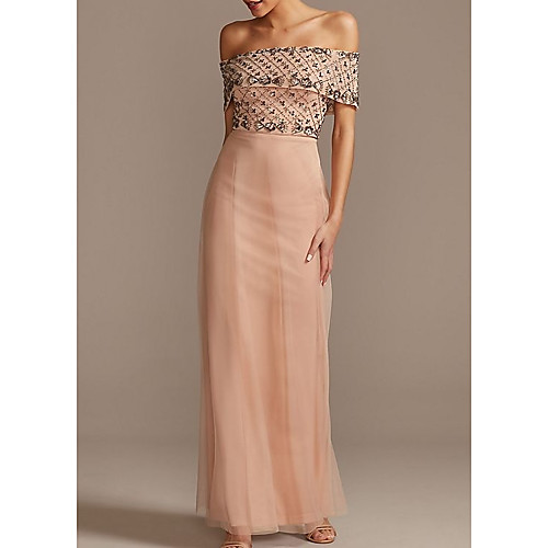 

Sheath / Column Off Shoulder Floor Length Chiffon Short Sleeve Elegant / Sexy Mother of the Bride Dress with Pleats / Crystals Mother's Day 2020