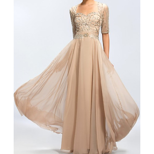 

A-Line Sweetheart Neckline Floor Length Chiffon / Lace Half Sleeve Elegant Mother of the Bride Dress with Pleats / Beading Mother's Day 2020