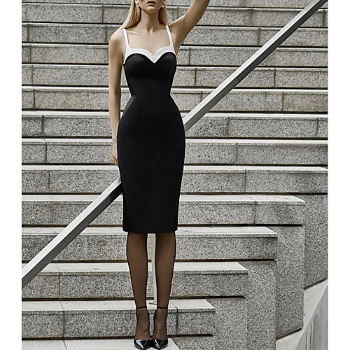 

Mermaid / Trumpet Spaghetti Strap Knee Length Nylon Little Black Dress / Black Party Wear / Cocktail Party Dress with Sleek 2020
