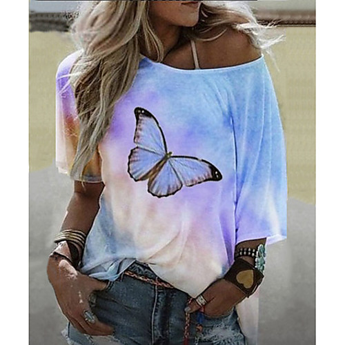 

Women's Graphic T-shirt Round Neck Daily Summer Blue Purple Yellow Blushing Pink S M L XL 2XL 3XL