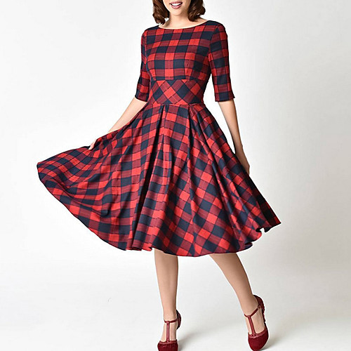 

Women's 2020 Red Summer Dress Elegant A Line Plaid S M