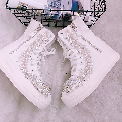 

Women's Boots Spring & Fall / Spring & Summer Flat Heel Round Toe Casual Vintage Daily Party & Evening Bowknot / Sparkling Glitter / Tassel Solid Colored Canvas Mid-Calf Boots White