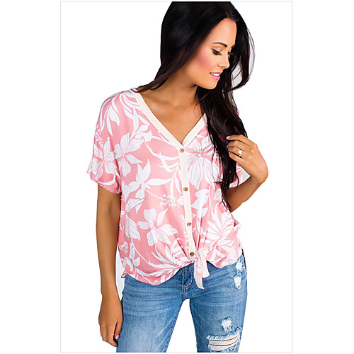 

Women's Daily Weekend Basic Loose T-shirt - Floral Sun Flower, Print / Knotted V Neck Blushing Pink