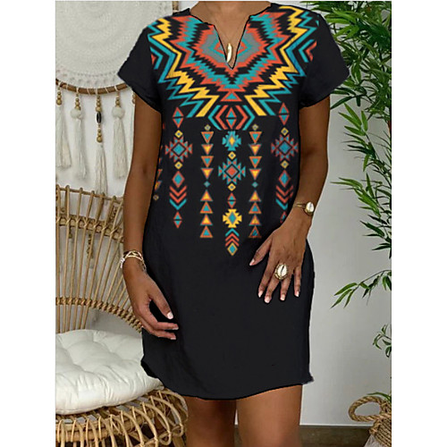 

Women's Shift Dress - Short Sleeves Print Summer V Neck Elegant Daily 2020 Black M L XL XXL XXXL