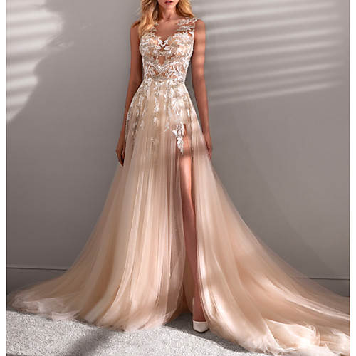 

A-Line Jewel Neck Sweep / Brush Train Lace / Tulle Sleeveless Sexy See-Through Wedding Dresses with Embroidery / Appliques / Split Front 2020