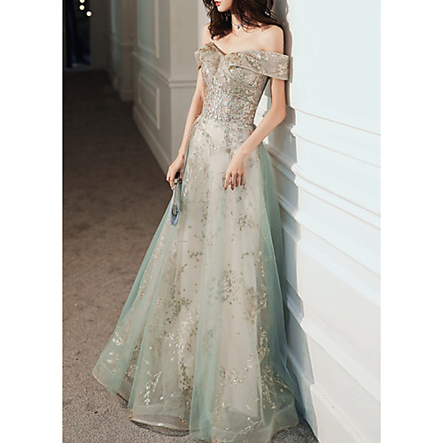 

A-Line Off Shoulder Floor Length Tulle Elegant / Glittering Engagement / Formal Evening Dress with Sequin 2020