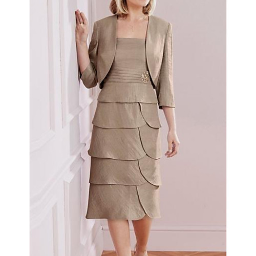 

Sheath / Column Square Neck Tea Length Taffeta 3/4 Length Sleeve Elegant Mother of the Bride Dress with Ruffles / Cascading Ruffles Mother's Day 2020