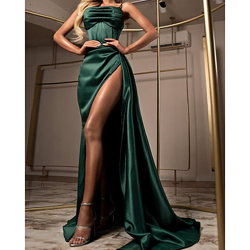 

Sheath / Column Spaghetti Strap Sweep / Brush Train Satin Elegant / Green Party Wear / Formal Evening Dress with Ruched / Split 2020