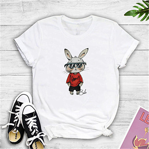 

Women's Cartoon Print T-shirt Basic Daily Going out Yellow / Blushing Pink / White / Black / Gray