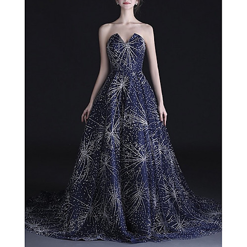 

A-Line Strapless Court Train Tulle Luxurious / Blue Engagement / Formal Evening Dress with Crystals 2020