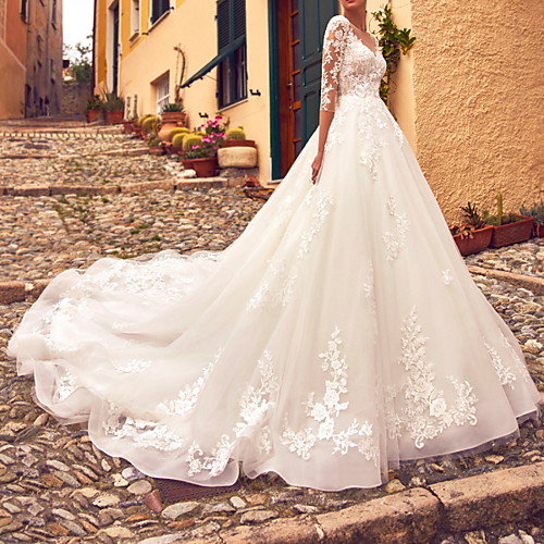 

A-Line Jewel Neck Court Train Lace / Tulle 3/4 Length Sleeve Sexy Illusion Sleeve Wedding Dresses with Embroidery / Appliques 2020
