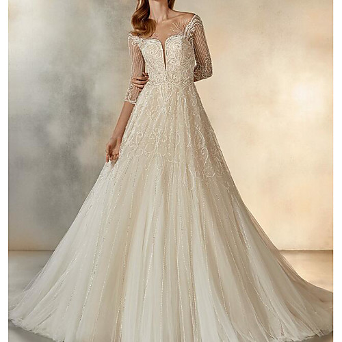 

A-Line Jewel Neck Sweep / Brush Train Lace / Tulle Half Sleeve Formal See-Through Wedding Dresses with Crystals / Embroidery 2020