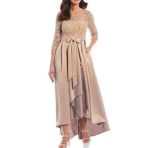 

A-Line Jewel Neck Asymmetrical Lace / Satin 3/4 Length Sleeve Elegant Mother of the Bride Dress with Bow(s) / Pleats Mother's Day 2020