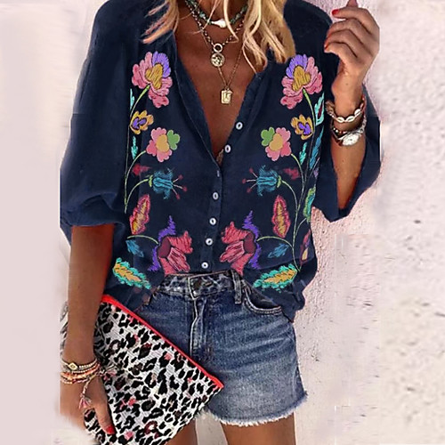 

Women's Daily Boho / Vintage Shirt - Floral Vintage Style Shirt Collar Blue