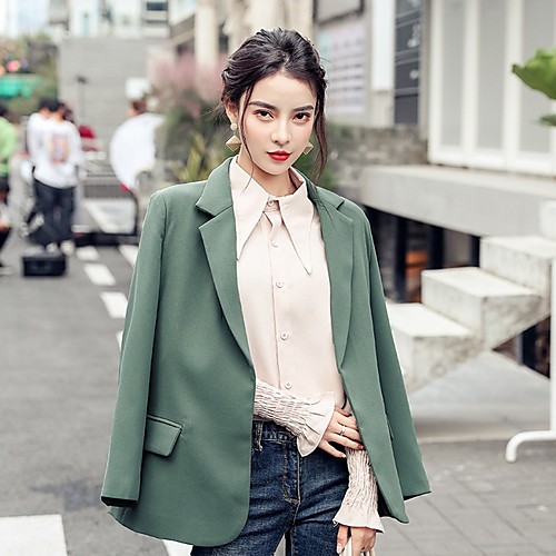 

Women's Daily Regular Coat, Solid Colored Notch Lapel Long Sleeve Polyester Green / Beige