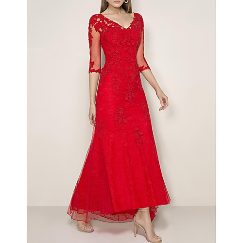 

A-Line V Neck Floor Length Lace / Tulle Half Sleeve Elegant Mother of the Bride Dress with Appliques Mother's Day 2020