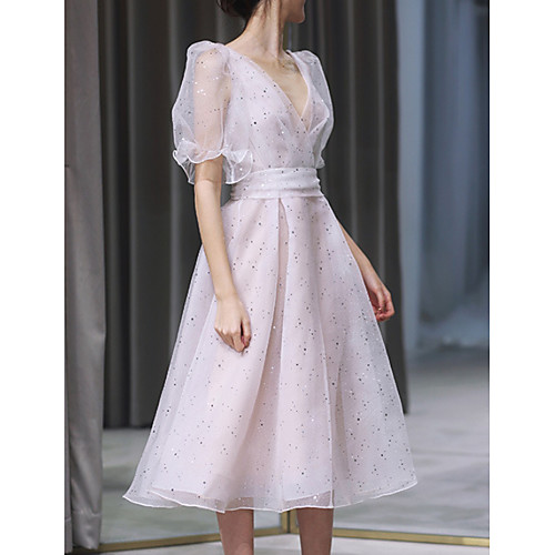 

A-Line V Neck Tea Length Tulle Glittering / Empire Wedding Guest / Prom Dress with Sequin / Ruffles 2020