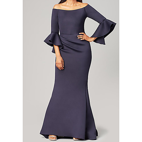 

Mermaid / Trumpet Off Shoulder Floor Length Satin 3/4 Length Sleeve Elegant Mother of the Bride Dress with Ruffles Mother's Day 2020