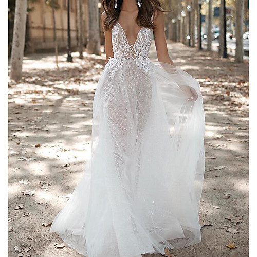

A-Line V Neck Floor Length Lace / Tulle Sleeveless Sexy See-Through Wedding Dresses with Embroidery 2020