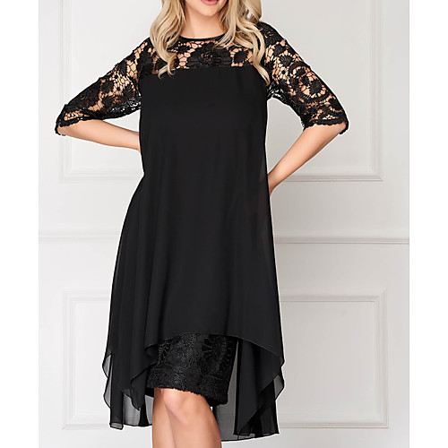 

A-Line Illusion Neck Knee Length Chiffon / Lace Half Sleeve Elegant Mother of the Bride Dress with Lace / Pleats / Appliques Mother's Day 2020