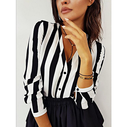 

Women's Daily Shirt - Striped Print Shirt Collar Red