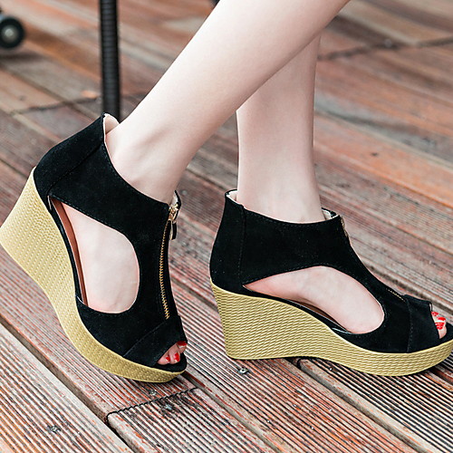 

Women's Sandals Spring & Summer Wedge Heel Round Toe Daily Suede Almond / Black